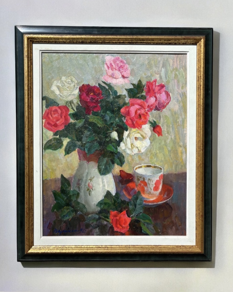 Mikhail Fedorovich Pushnoy (1929-1996) – Still Life With Roses And A Cup Of Tea – 1992