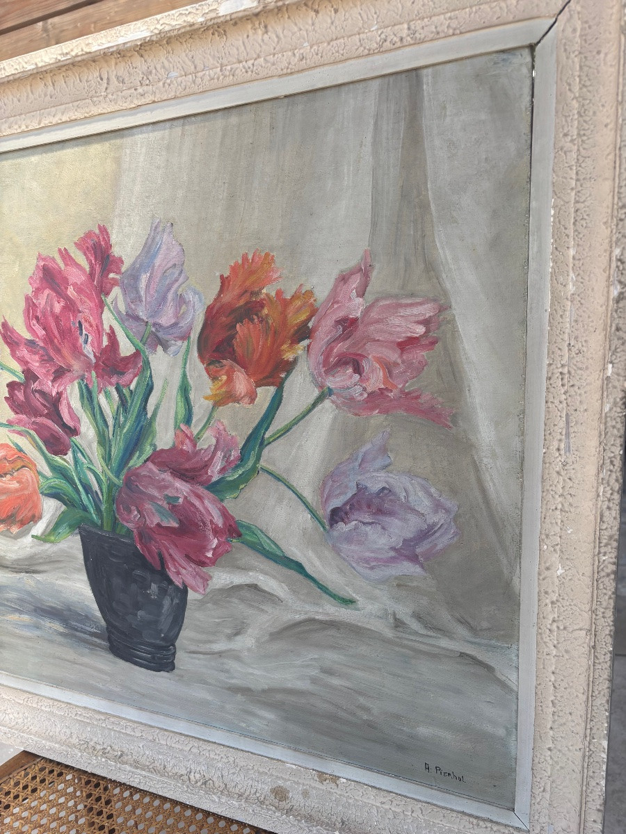 Roger Pierhol – Nature Morte Aux Tulipes,  huile sur bois, Nancy -photo-2