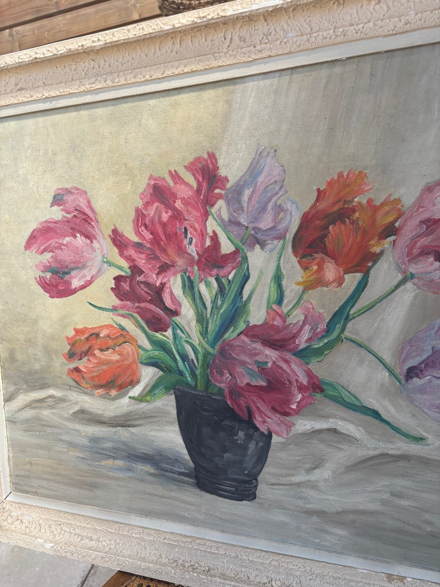 Roger Pierhol – Nature Morte Aux Tulipes,  huile sur bois, Nancy -photo-3