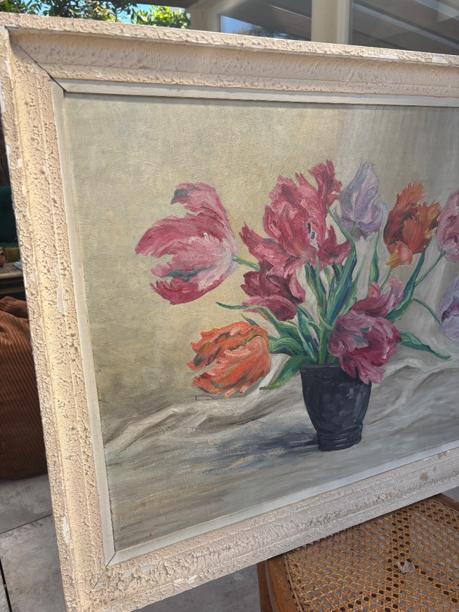 Roger Pierhol – Nature Morte Aux Tulipes,  huile sur bois, Nancy -photo-4