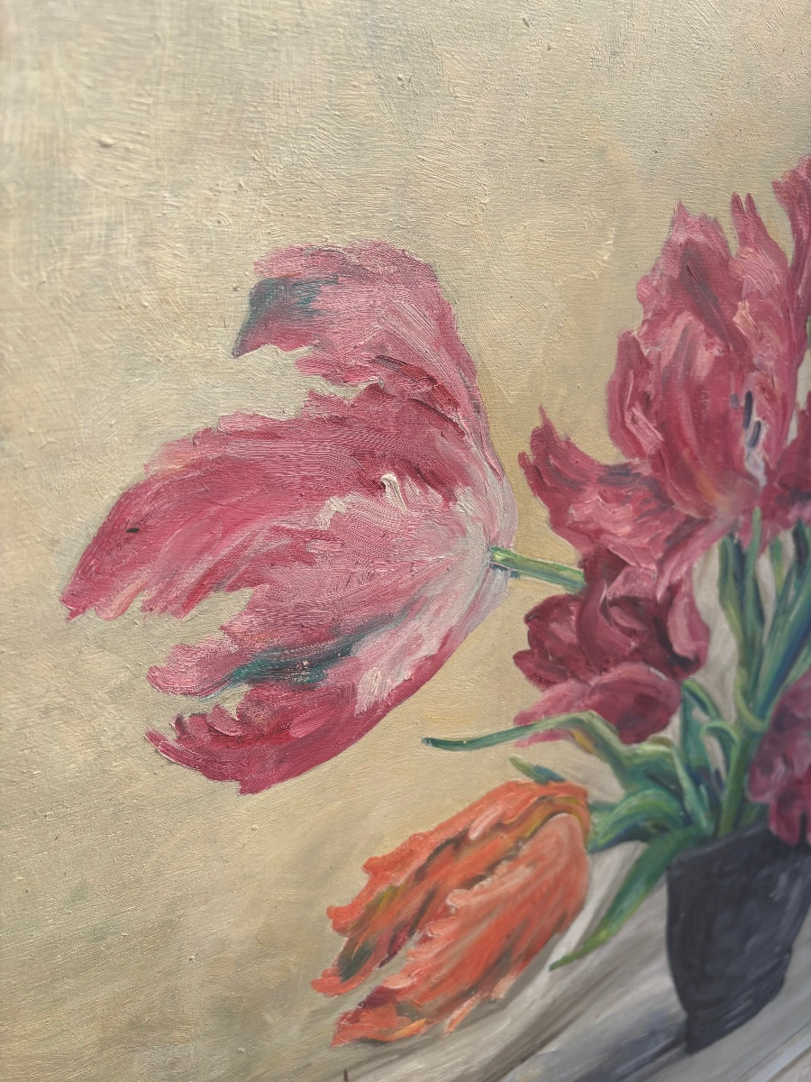 Roger Pierhol – Nature Morte Aux Tulipes,  huile sur bois, Nancy -photo-1