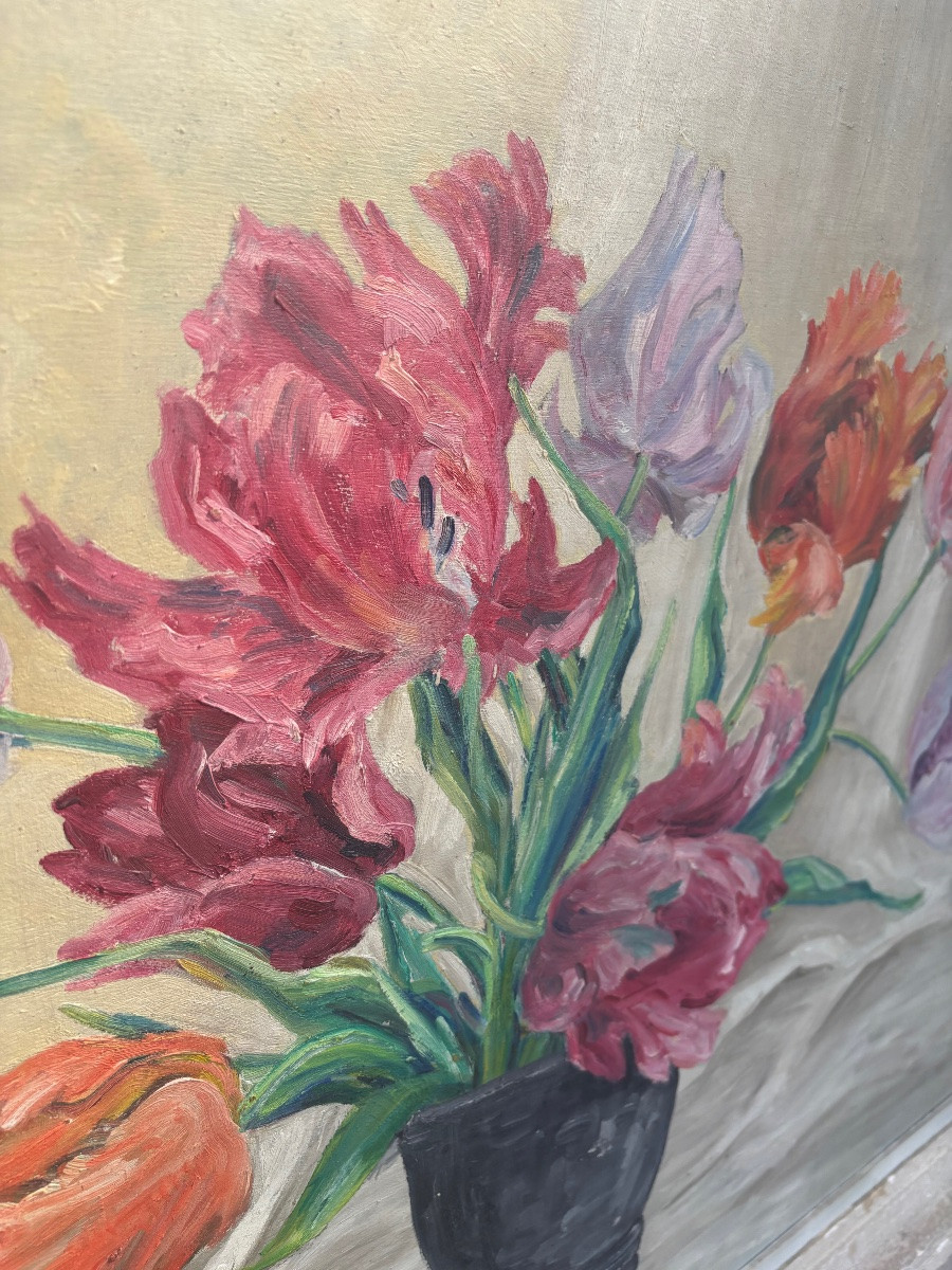Roger Pierhol – Nature Morte Aux Tulipes,  huile sur bois, Nancy -photo-2