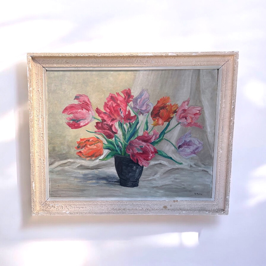 Roger Pierhol – Nature Morte Aux Tulipes,  huile sur bois, Nancy 