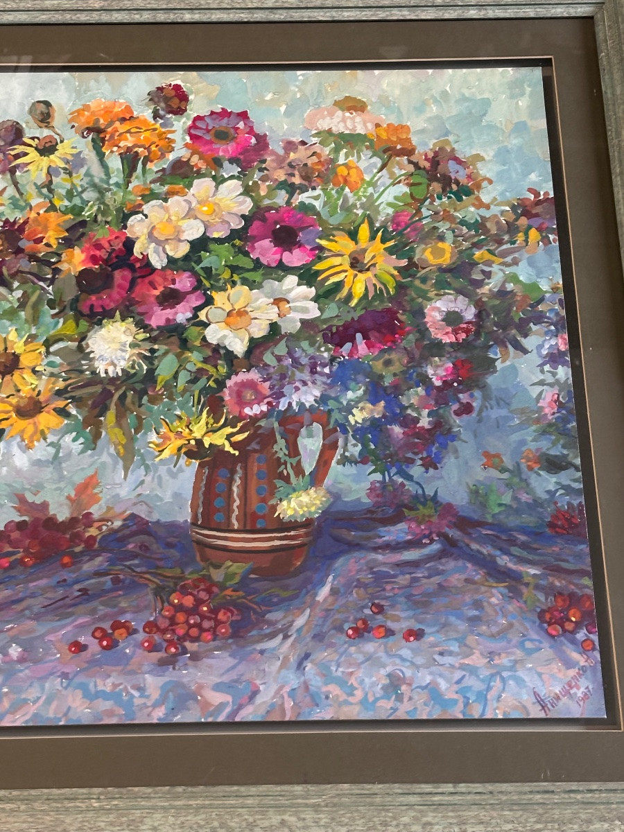 Nikolai Anistchenko (born 1942) – Bouquet Of Flowers, Gouache On Cardboard, 1987-photo-2