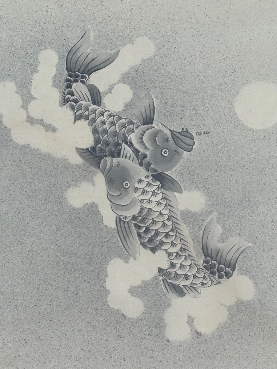 Pair Of Japanese Works On Paper – Koi Carp, Ink And Artist's Seal-photo-1