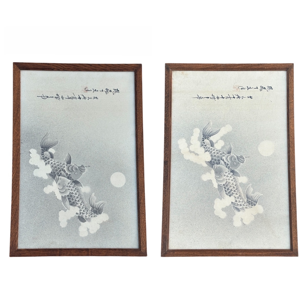 Pair Of Japanese Works On Paper – Koi Carp, Ink And Artist's Seal