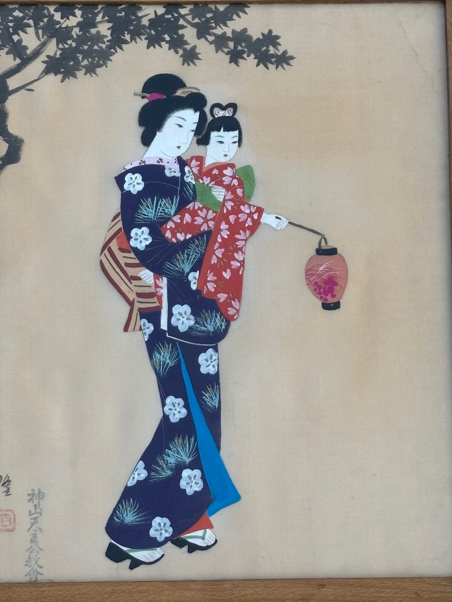 Peinture Japonaise Sur Soie – Mère Et Enfant à La Lanterne, Milieu XXe-photo-3