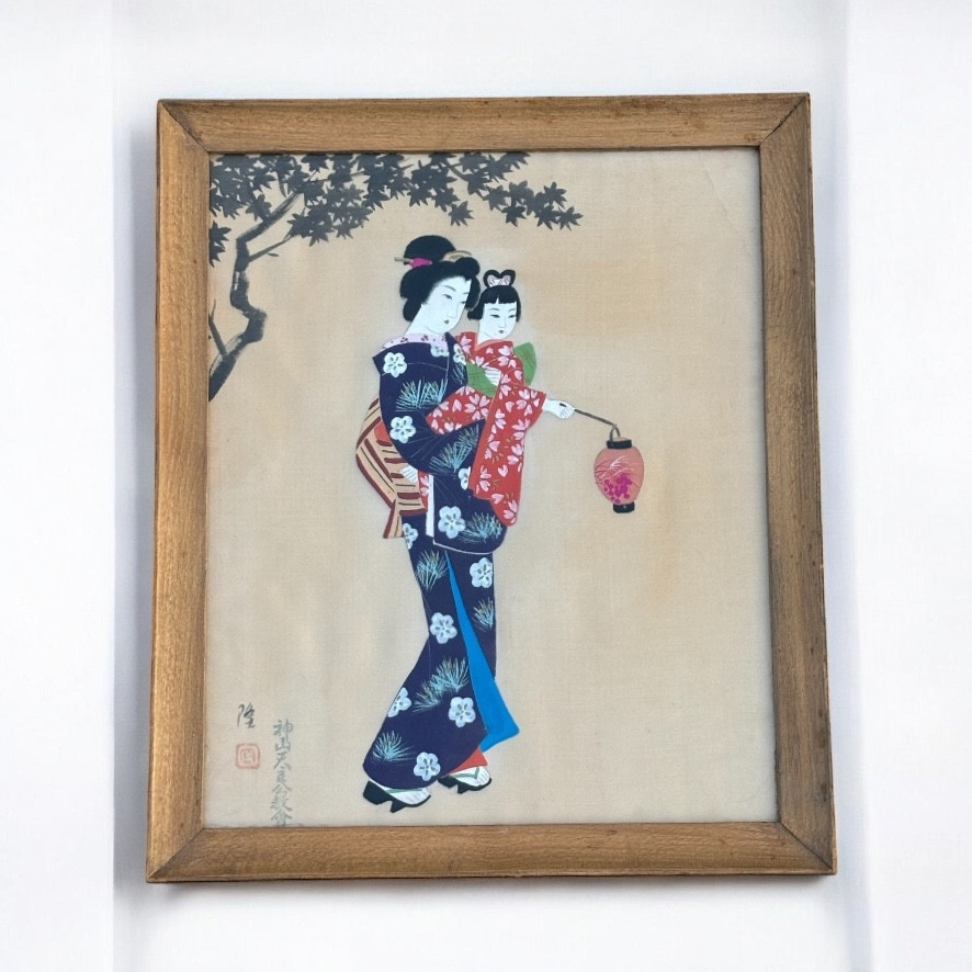 Peinture Japonaise Sur Soie – Mère Et Enfant à La Lanterne, Milieu XXe
