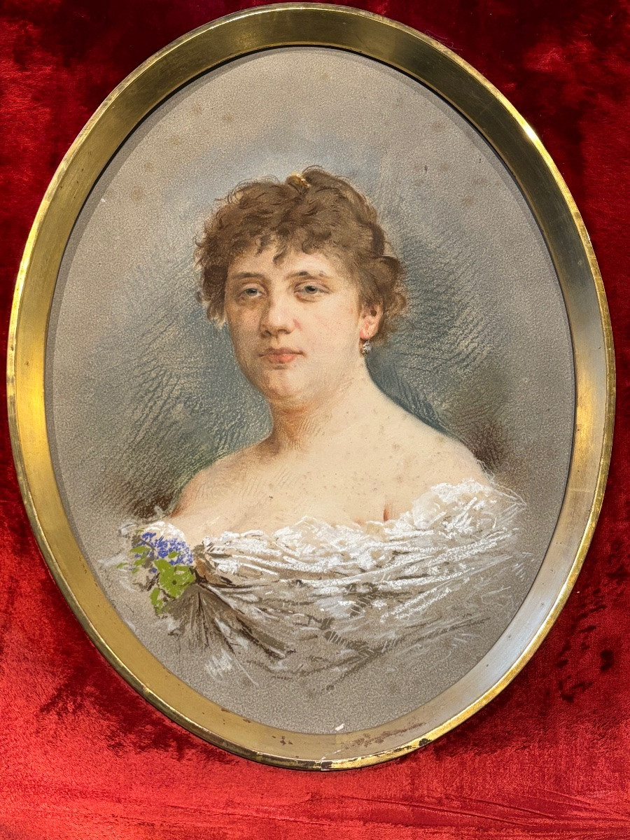 Charles Guillaume Brun (1825–1908) – Portrait Of A Woman In Pastel – Belle époque-photo-2