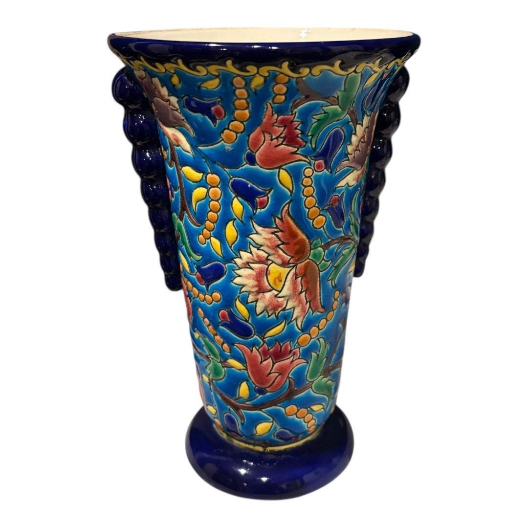 Longwy Enamel Vase – Polychrome Floral Decoration – Early 20th Century