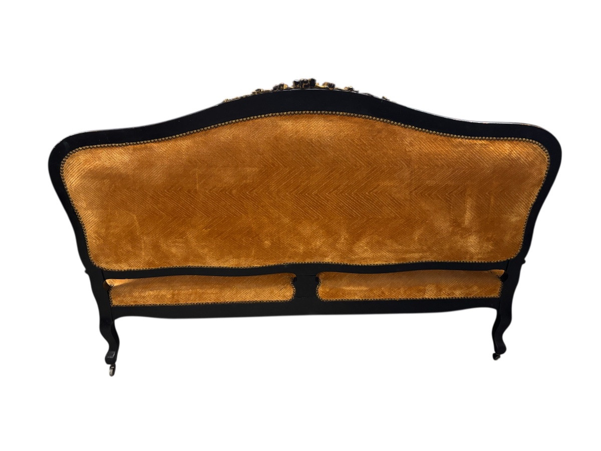 Louis XV Sofa, Napoleon III Period – Blackened And Gilded Wood, Gilded Velvet-photo-1