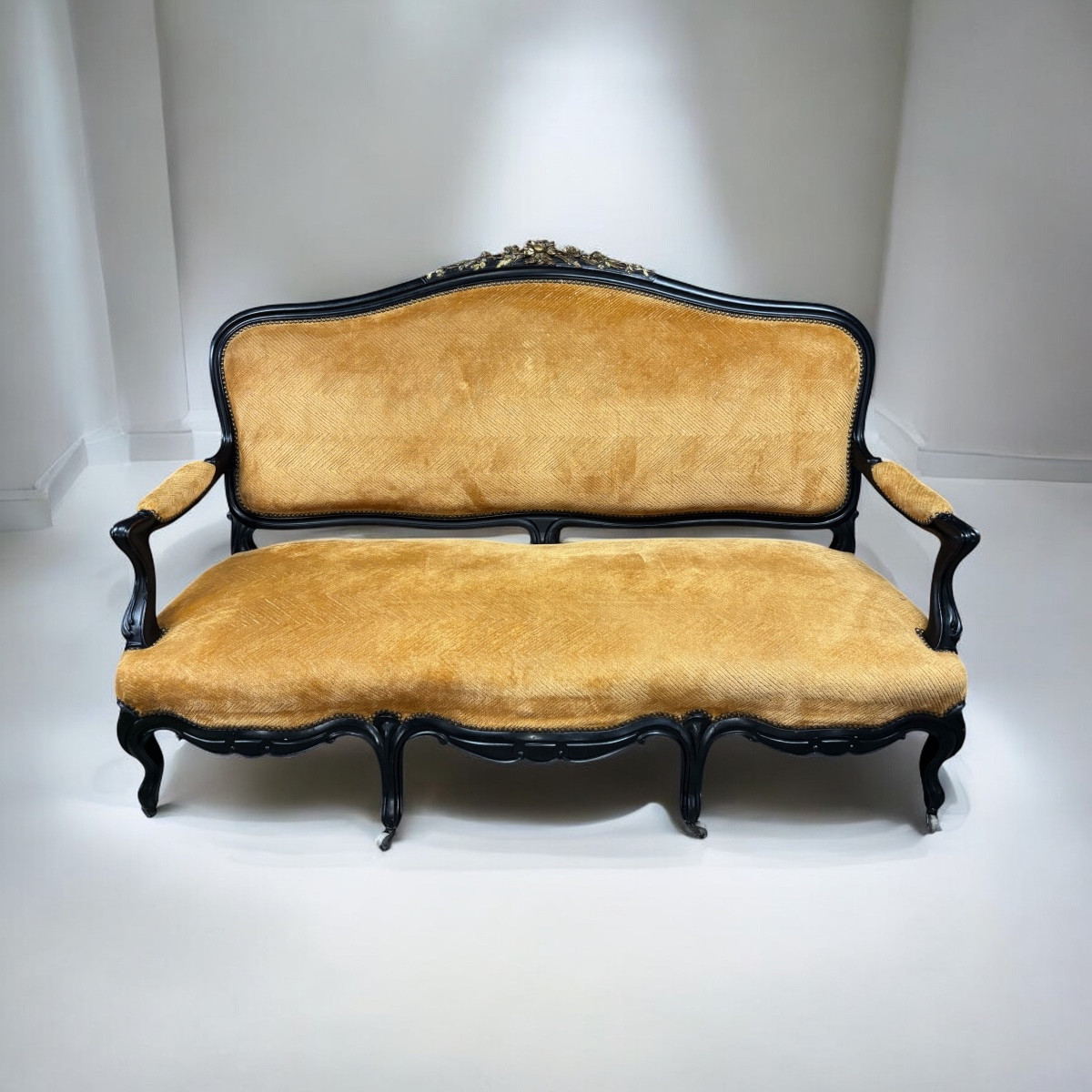 Louis XV Sofa, Napoleon III Period – Blackened And Gilded Wood, Gilded Velvet