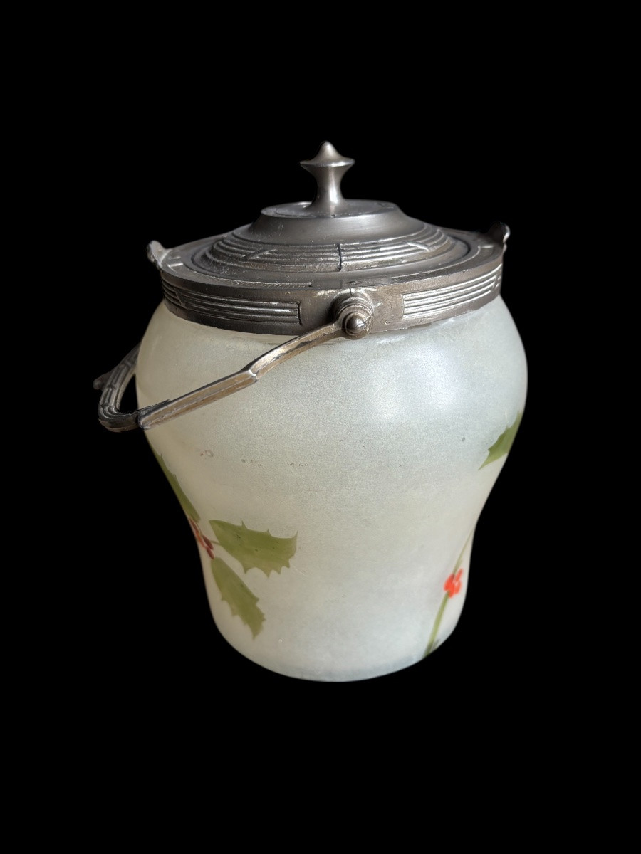 Biscuitière en verre émaillé et monture en étain Art Nouveau – vers 1900-photo-2