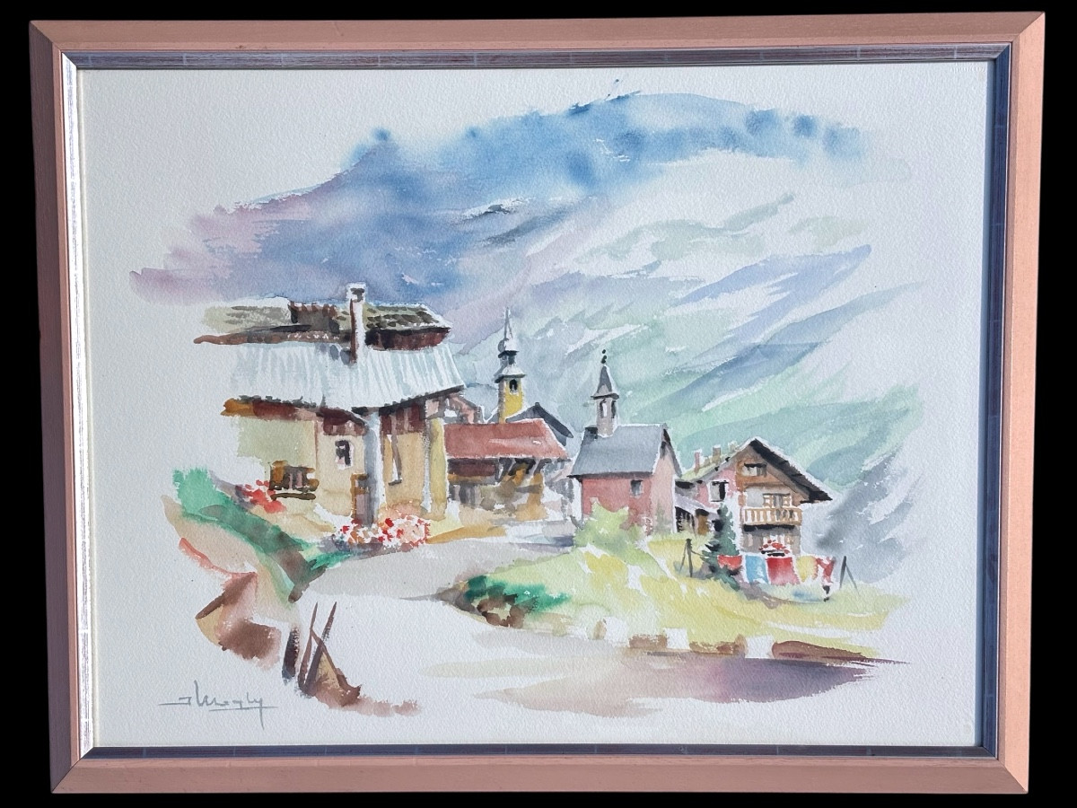 Joseph Megly (20th Century) – Original Watercolor – Alpine Village Scene