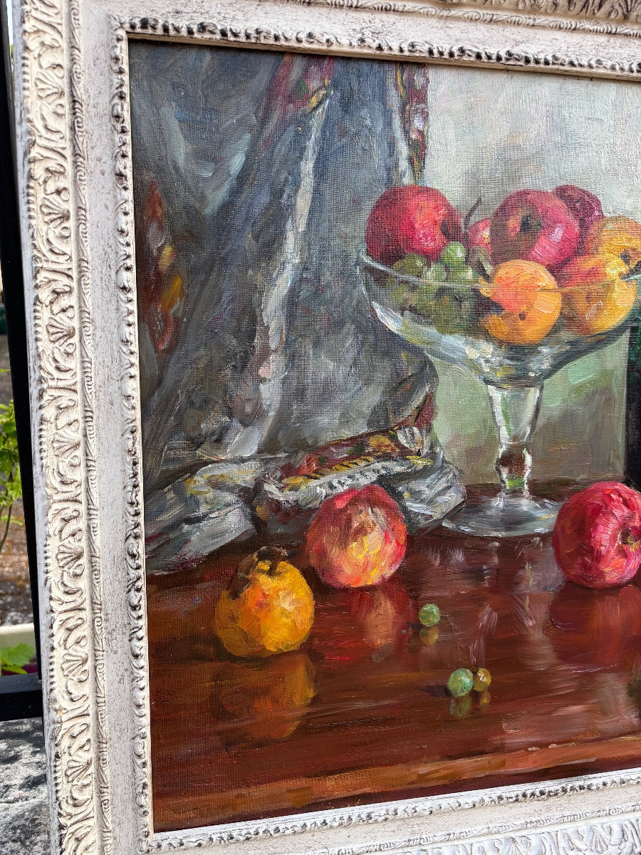 Tableau Boris Lavrenko, Russie - Fruits et champagne, 1981, nature morte huile sur toile.-photo-2