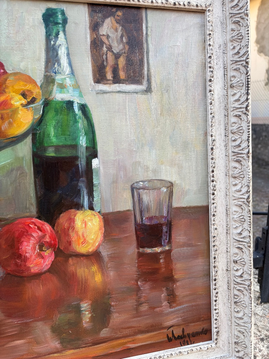 Tableau Boris Lavrenko, Russie - Fruits et champagne, 1981, nature morte huile sur toile.-photo-4
