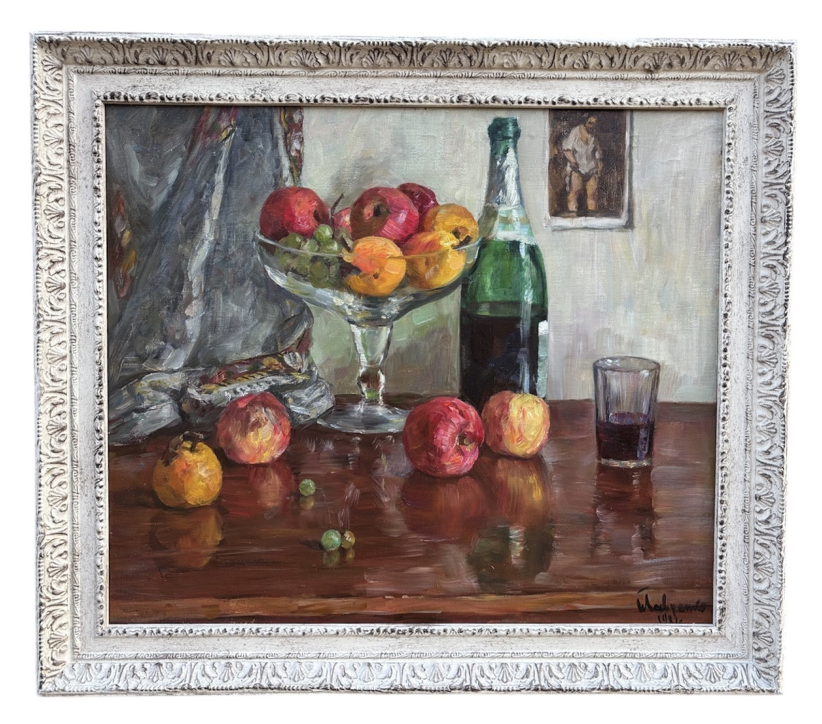 Tableau Boris Lavrenko, Russie - Fruits et champagne, 1981, nature morte huile sur toile.