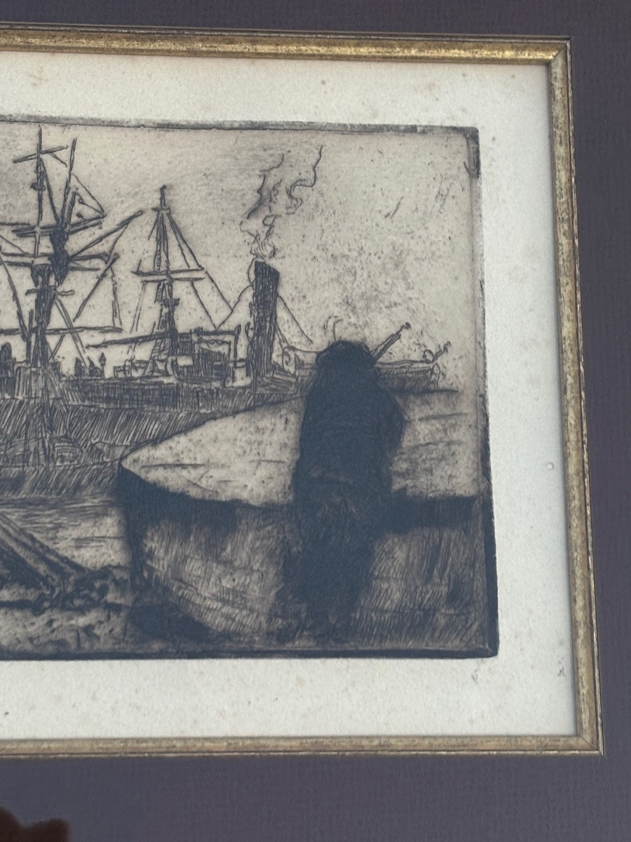 Antique Engraving – Port Scene With Steam And Sailing Ships – 19th Century-photo-4