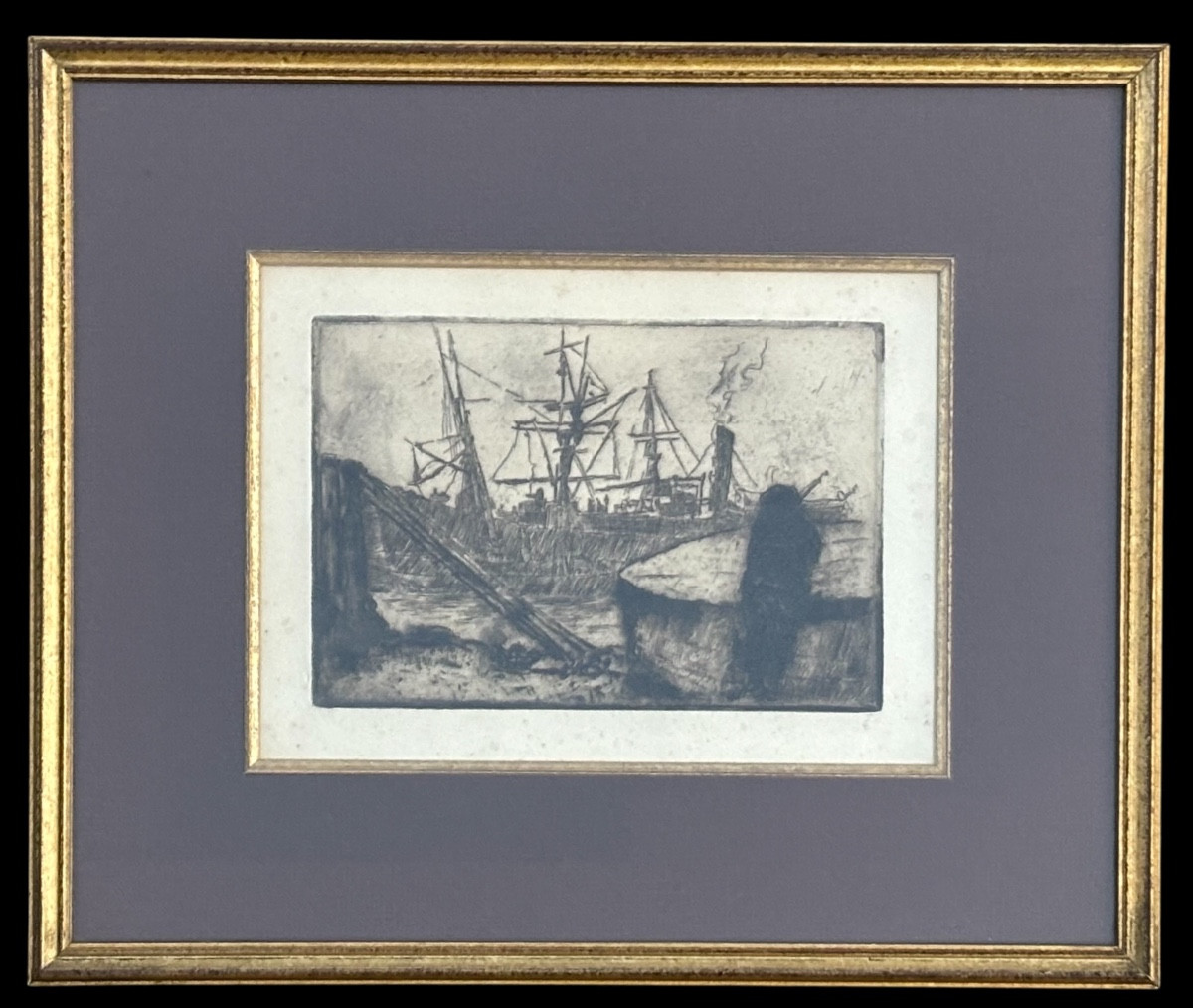 Antique Engraving – Port Scene With Steam And Sailing Ships – 19th Century