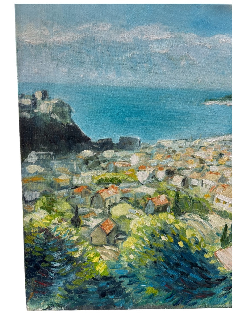 Domenech – Mediterranean Coastal View – Oil On Canvas 1950-70-photo-2