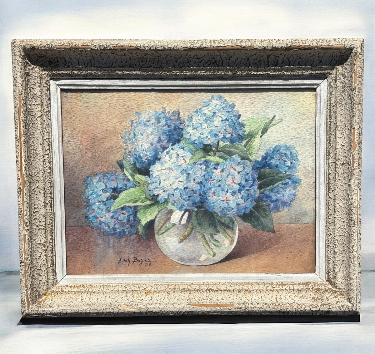 Édith Buguet – Bouquet d’Hortensias, 1948.  Aquarelle sur papier