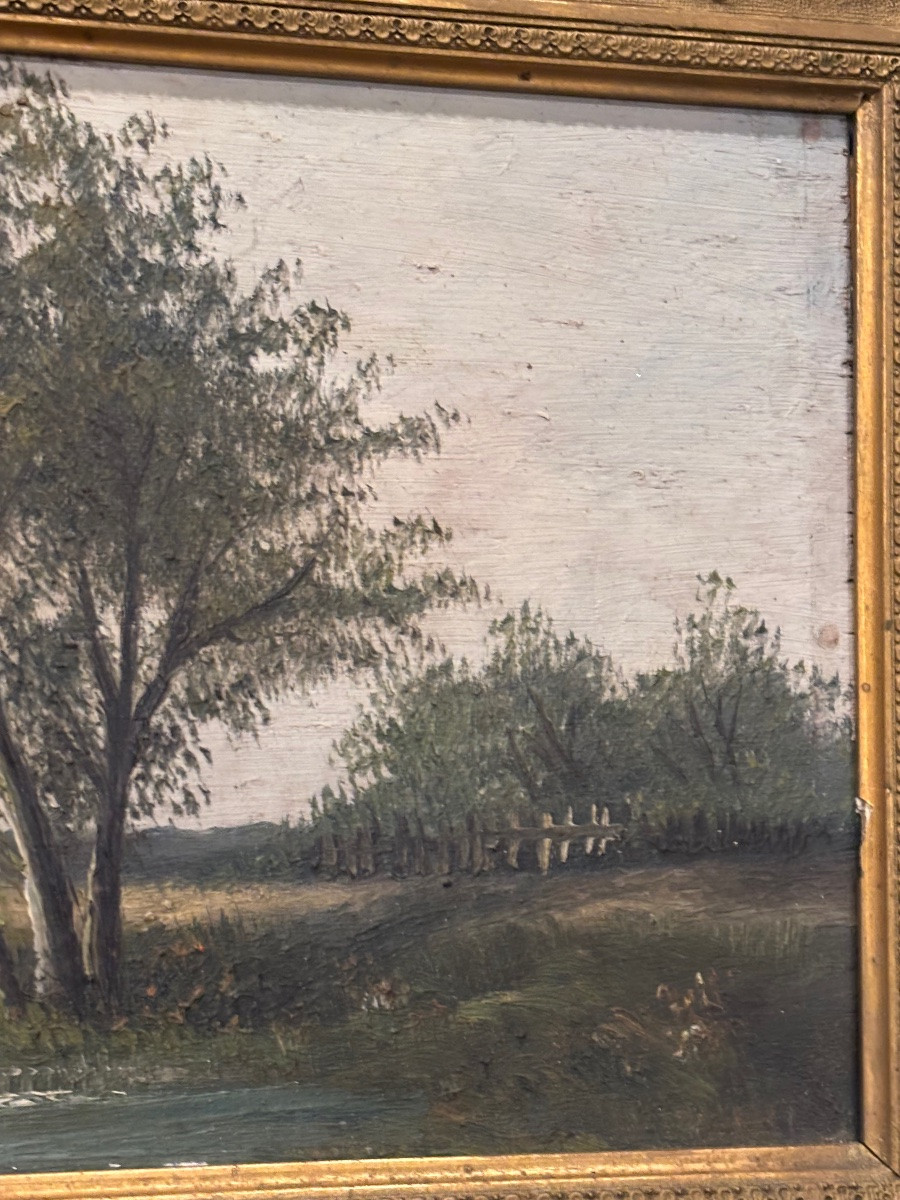 Huile sur panneau, Charmant paysage ancien signé – XIXᵉ siècle-photo-4