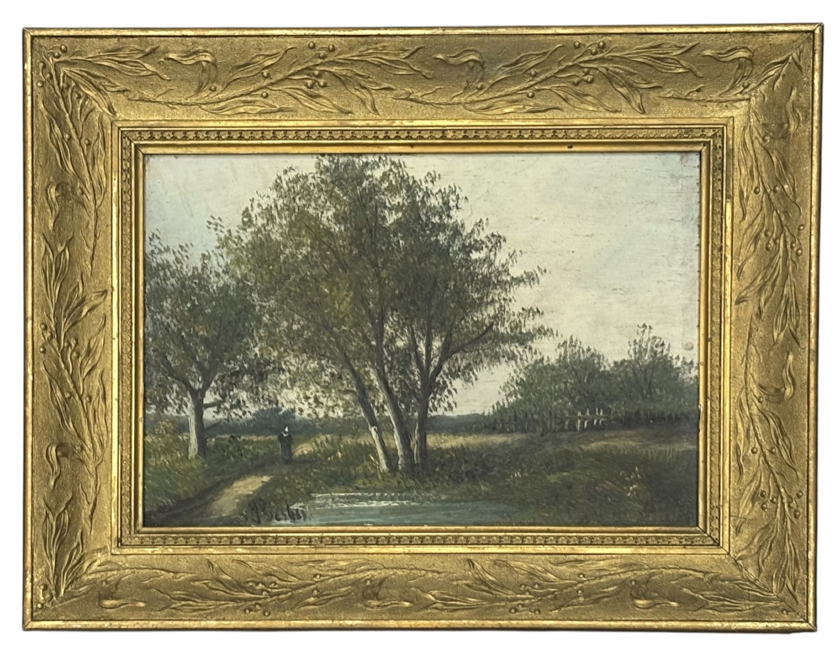 Huile sur panneau, Charmant paysage ancien signé – XIXᵉ siècle