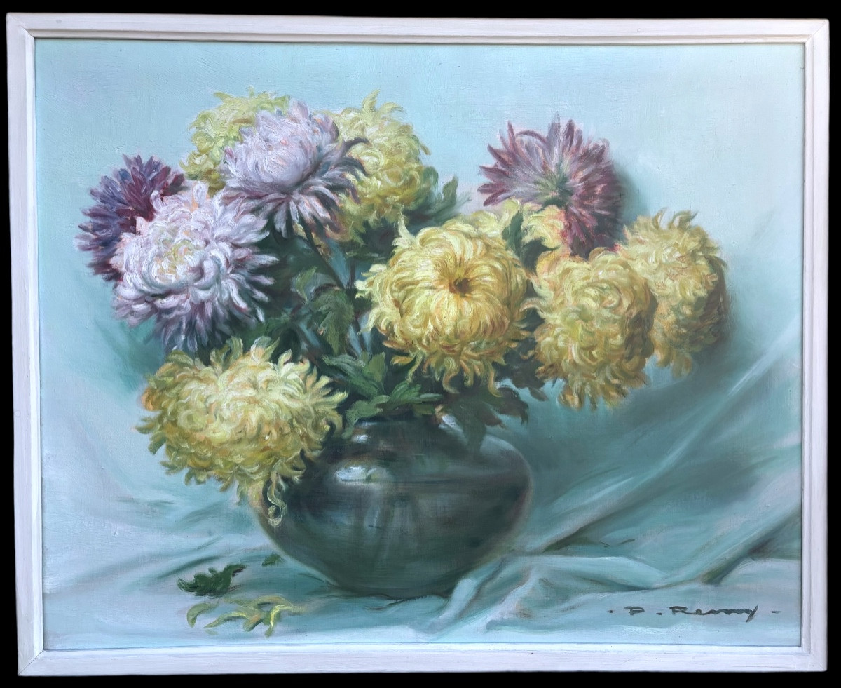 Large Still Life Of Chrysanthemums Signed Paul Remy, Oil On Canvas-photo-2
