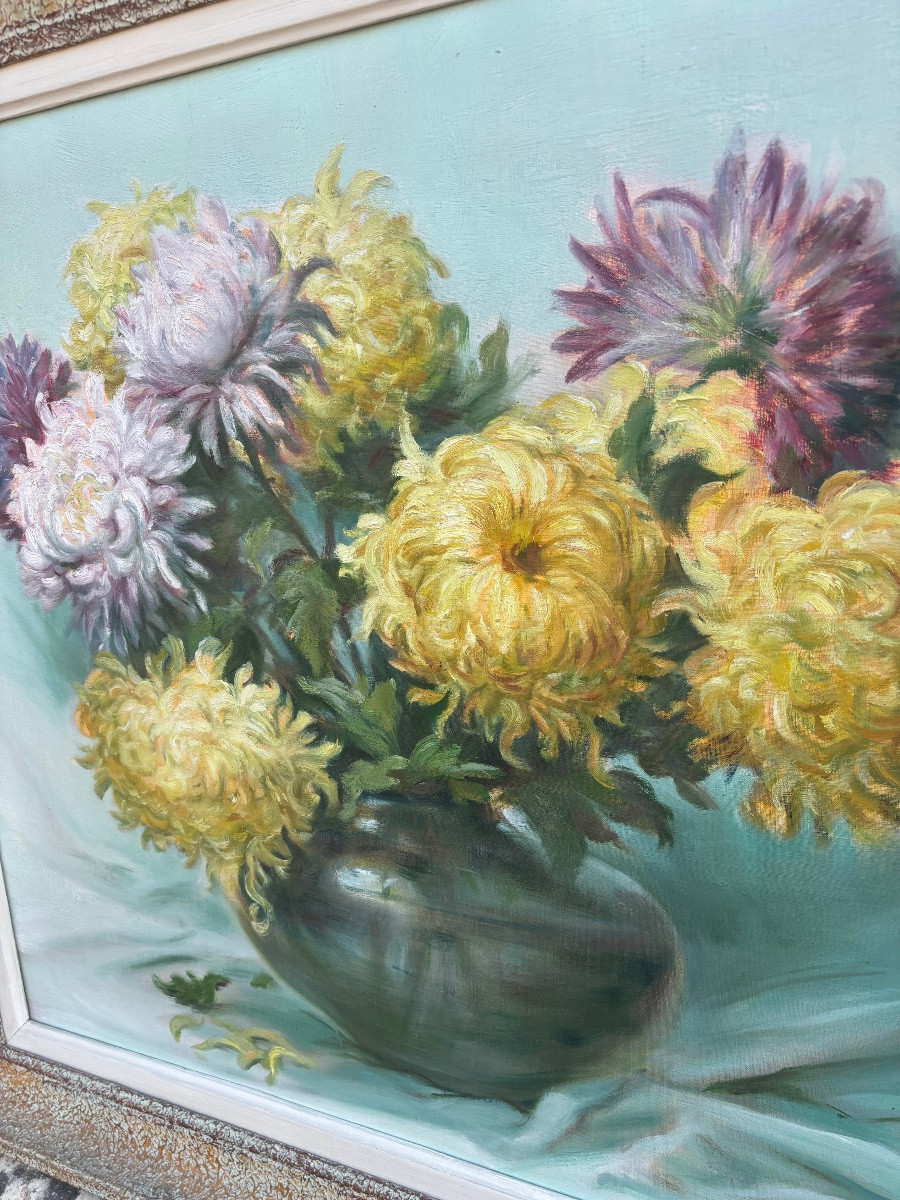 Large Still Life Of Chrysanthemums Signed Paul Remy, Oil On Canvas-photo-3
