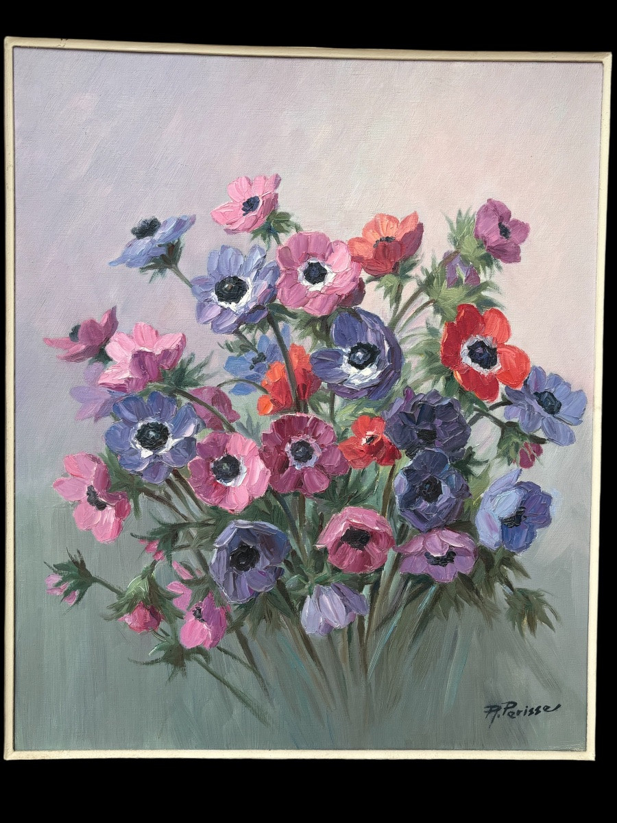 Bouquet Of Anemones Signed Raymond Périsse (1897-1969) – Oil On Canvas, Nancy-photo-2