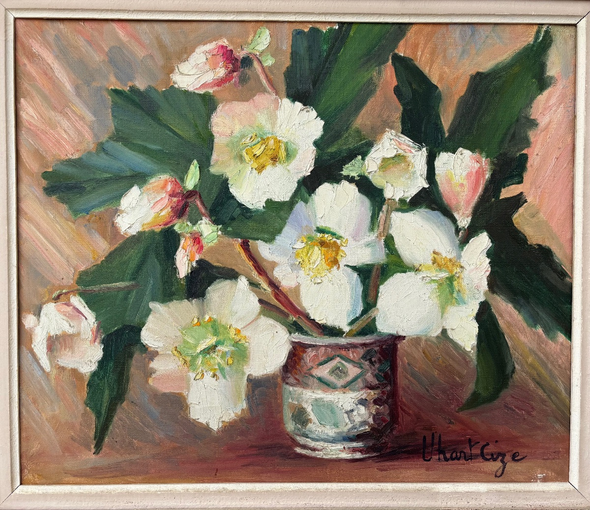 Huile sur toile – Bouquet de fleurs blanches – Signée Uhart Cize-photo-2