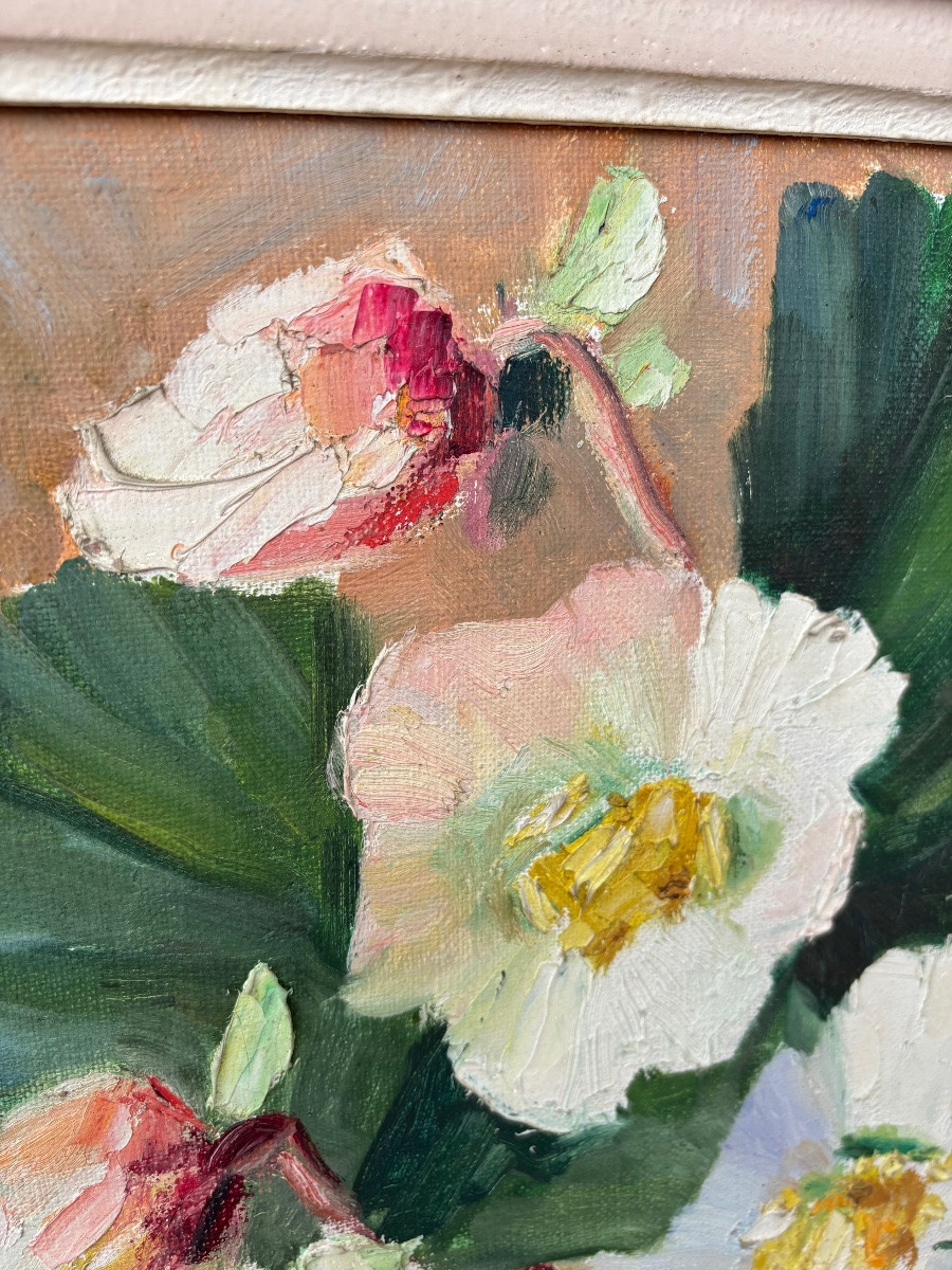 Huile sur toile – Bouquet de fleurs blanches – Signée Uhart Cize-photo-3