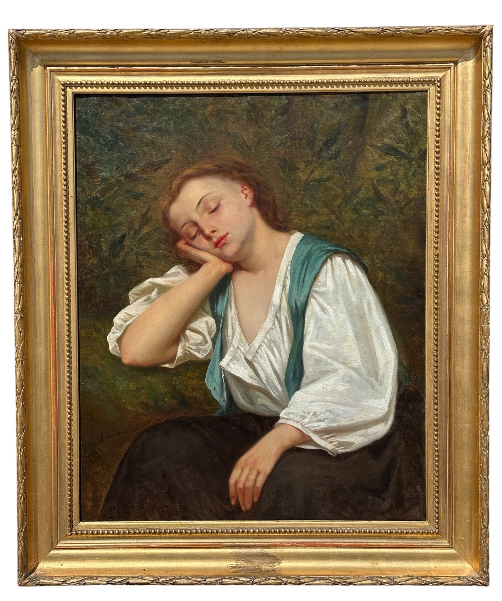 Charmant Portrait Romantique par Laurens – Jeune Femme Endormie – XIXᵉ Siècle