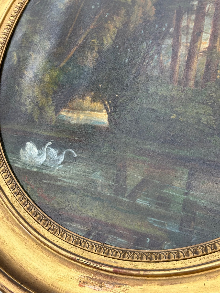 Charming Landscape With Swans – French School – Signed Anna Chesuel – Oil On Canvas 19th Century-photo-4