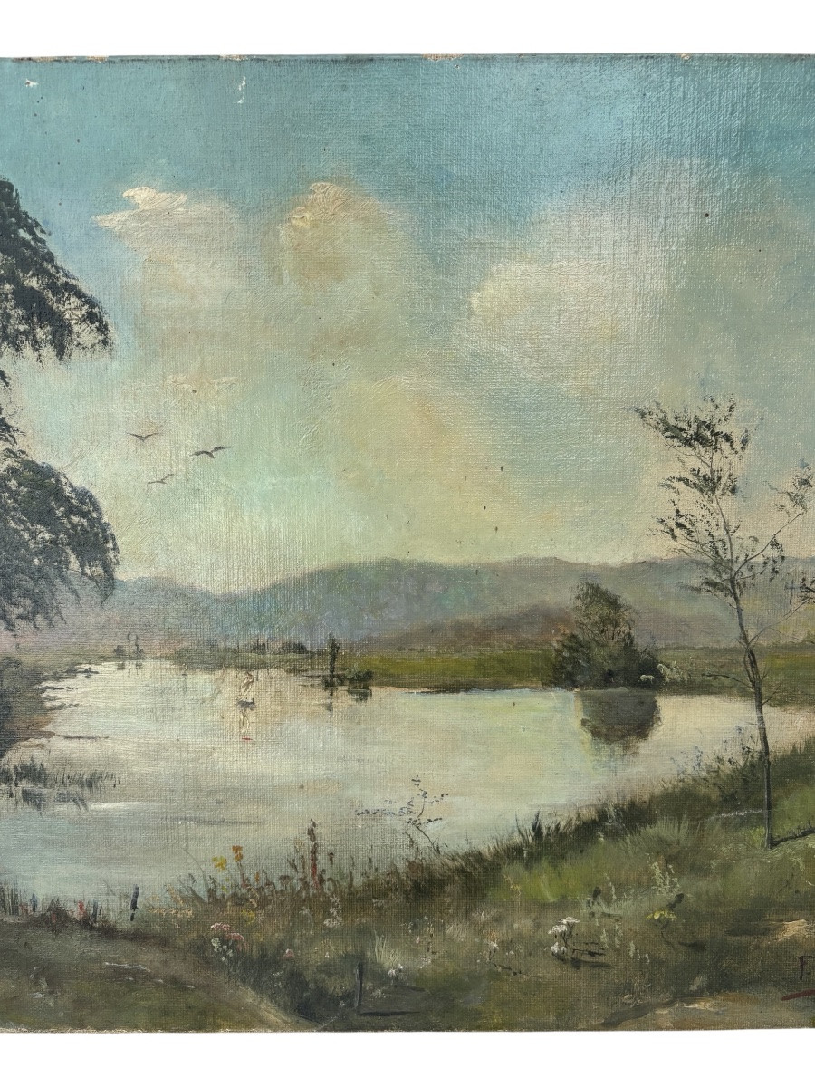 François Renaudin (1866–1944) – Animated Landscape With A Pond – Oil On Canvas Signed-photo-4