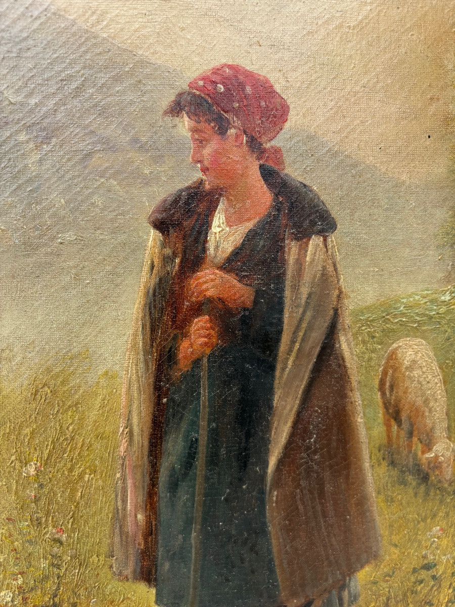 A. Barligny – Bergère et troupeau, École française, huile sur toile vers 1900-photo-3