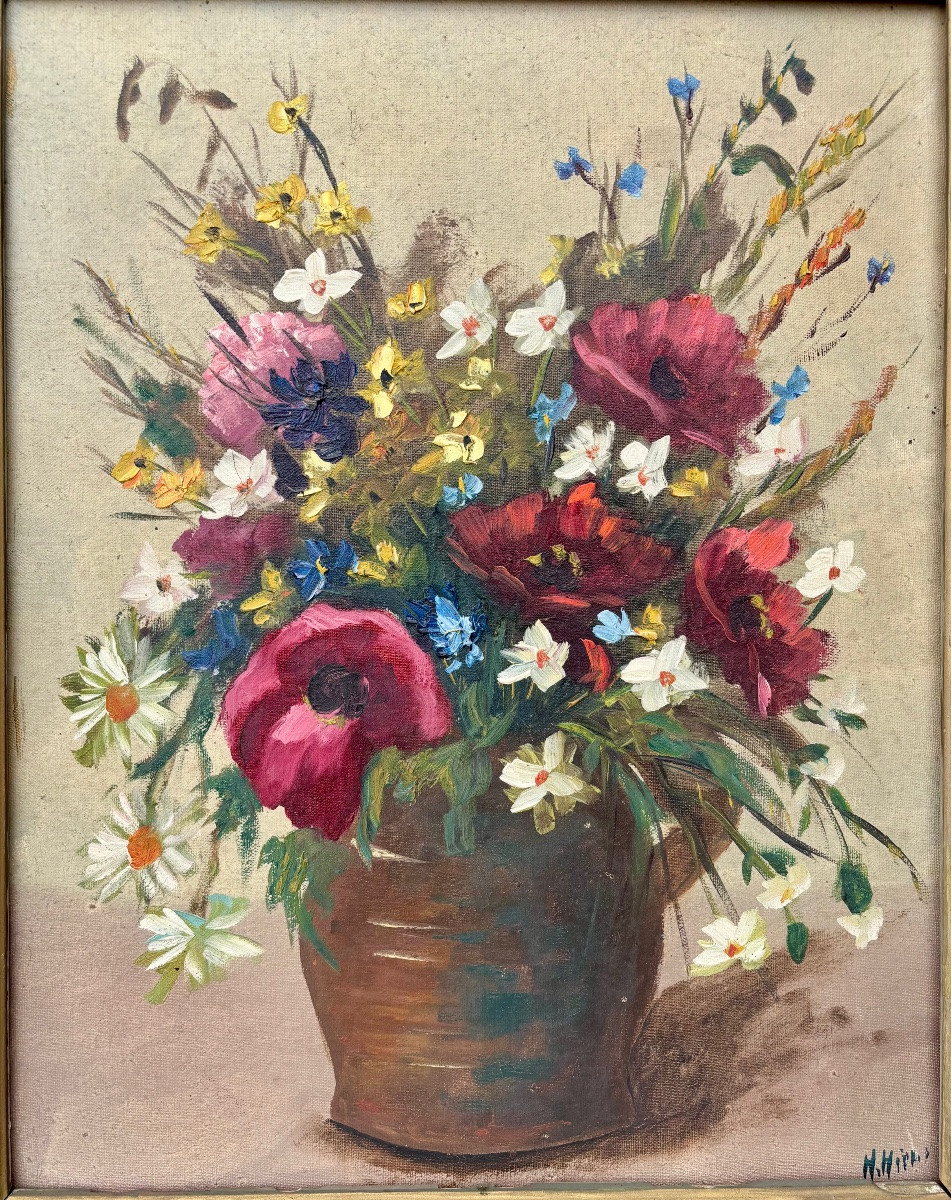 Bouquet Of Flowers In An Earthenware Vase – Oil On Canvas Circa 1900 Signed-photo-2