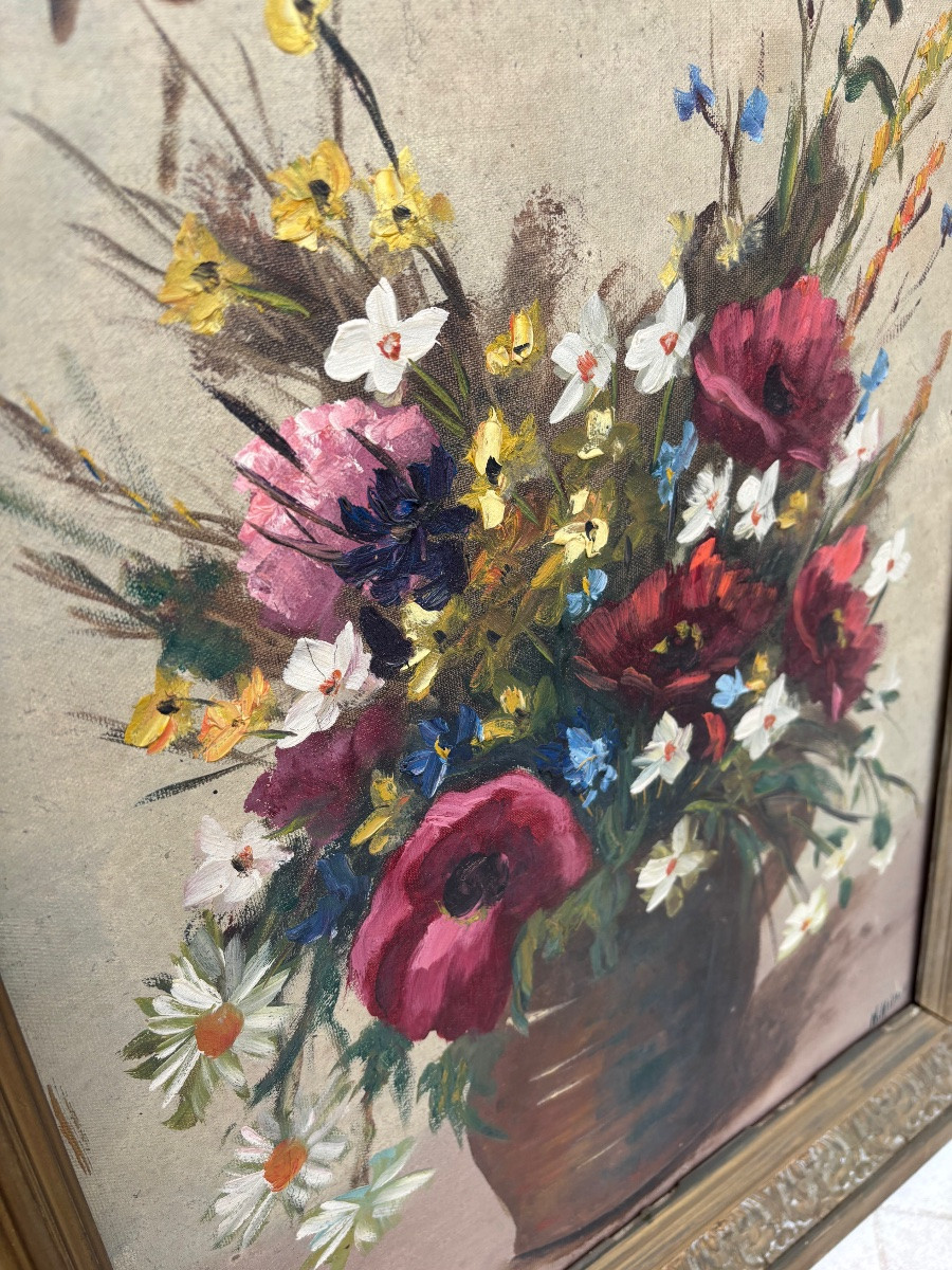 Bouquet Of Flowers In An Earthenware Vase – Oil On Canvas Circa 1900 Signed-photo-4