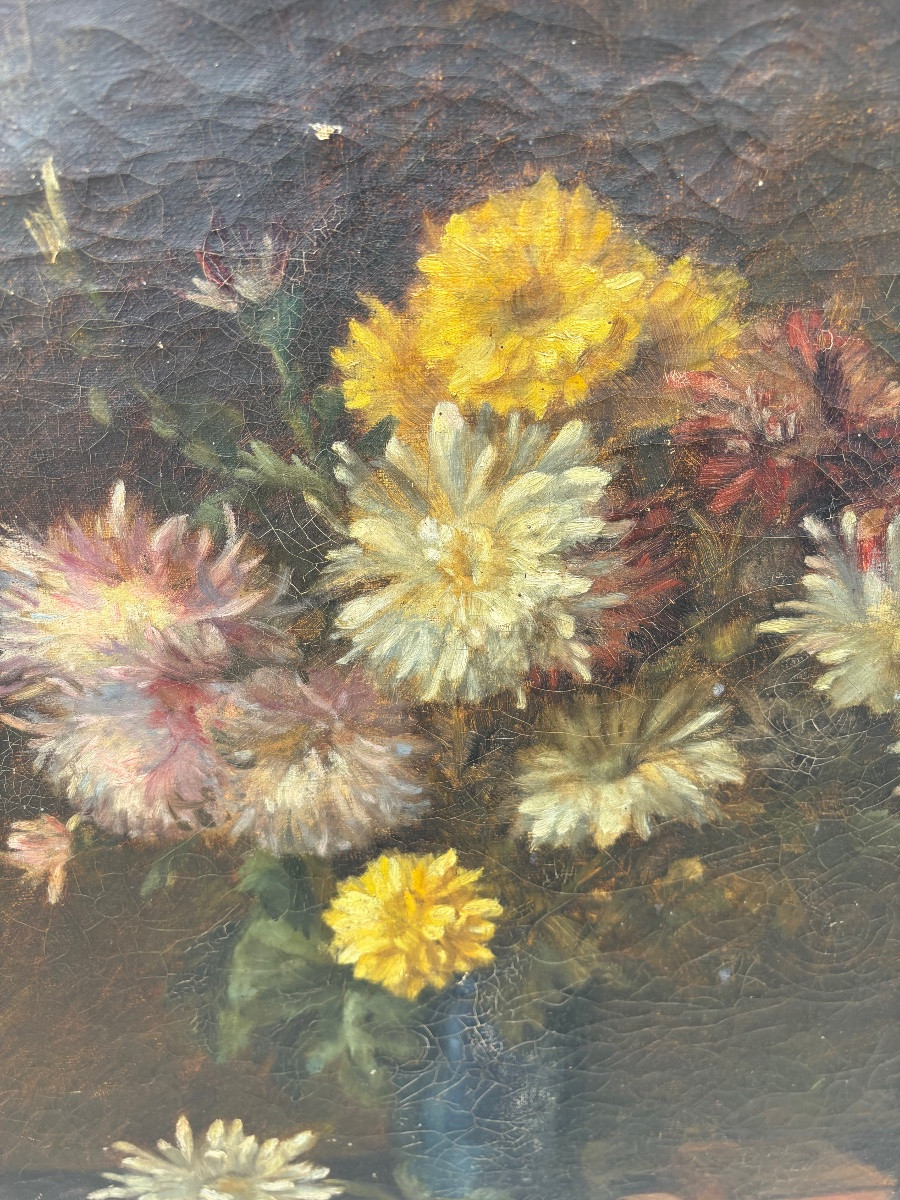 École française du XIXe siècle – Nature morte aux chrysanthèmes Huile sur toile-photo-2