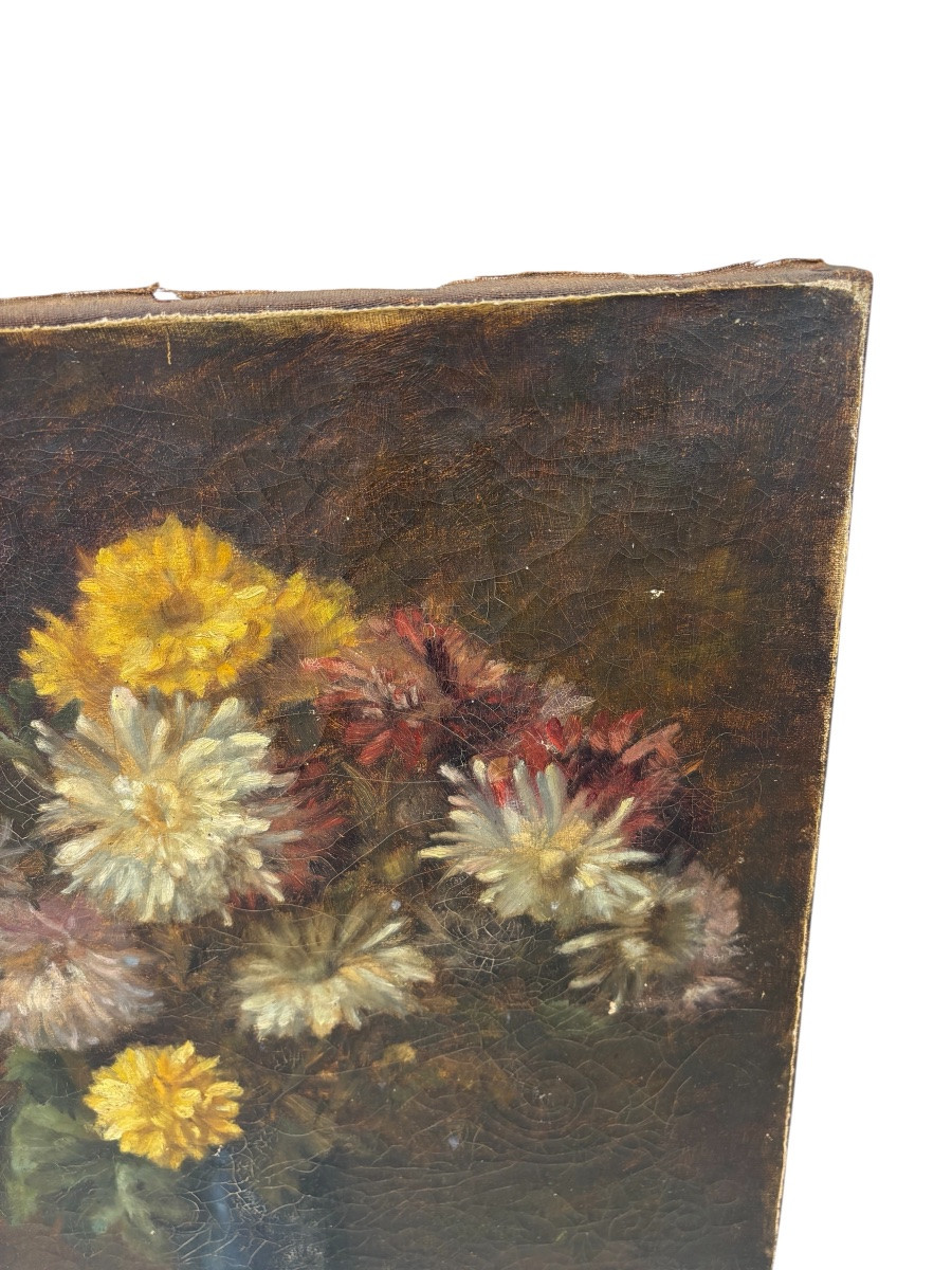 École française du XIXe siècle – Nature morte aux chrysanthèmes Huile sur toile-photo-4