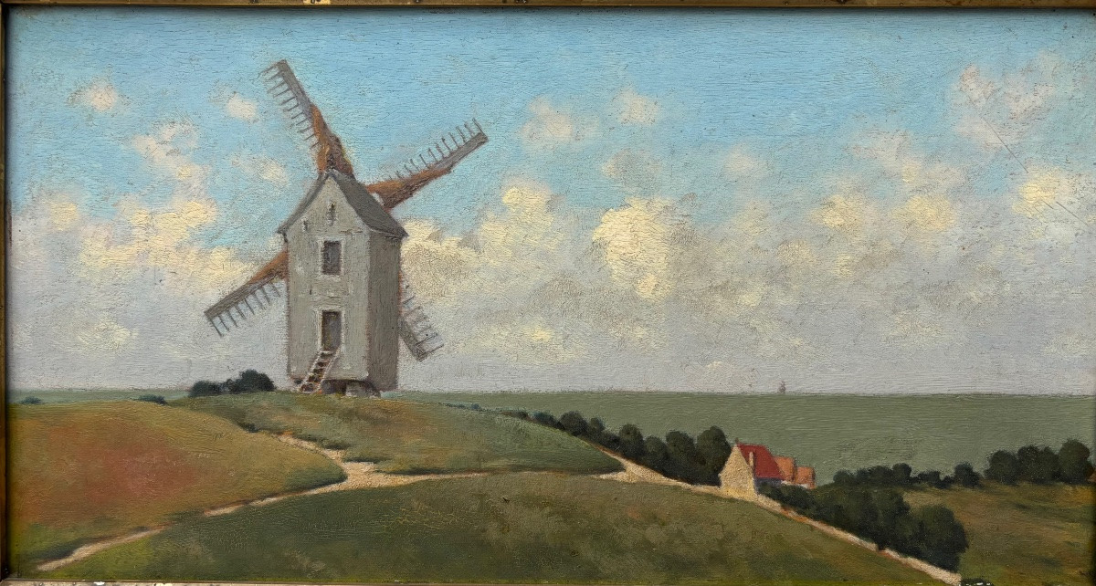 Moulin dans un paysage flamand – école flamande, fin XIXe / début XXe siècle Huile sur panneau -photo-2
