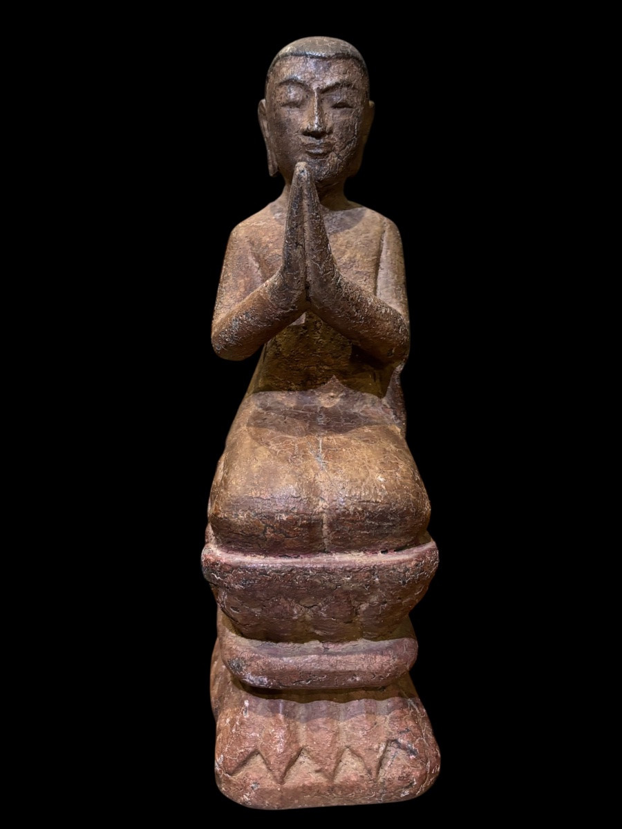 Statuette ancienne d’Asie du Sud-Est – Moine ou disciple en prière – Fin XIXe siècle-photo-3