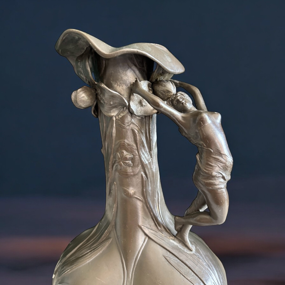 Art Nouveau Patinated Pewter Pitcher Signed Petiz – Paris, Circa 1900-photo-1