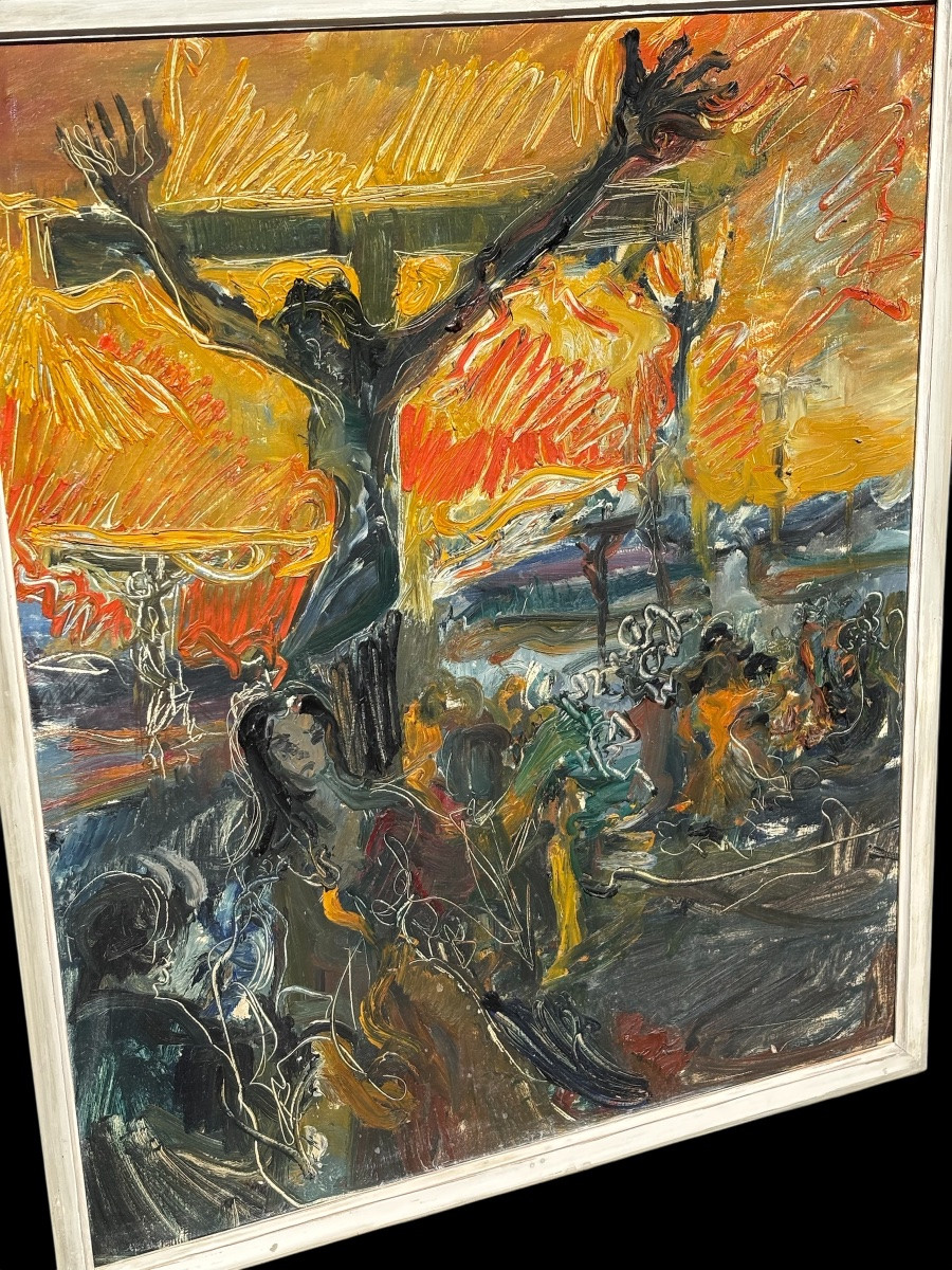 Huile sur toile – Crucifixion – Dans le goût de Pierre Ambrogiani - vers 1950-photo-4