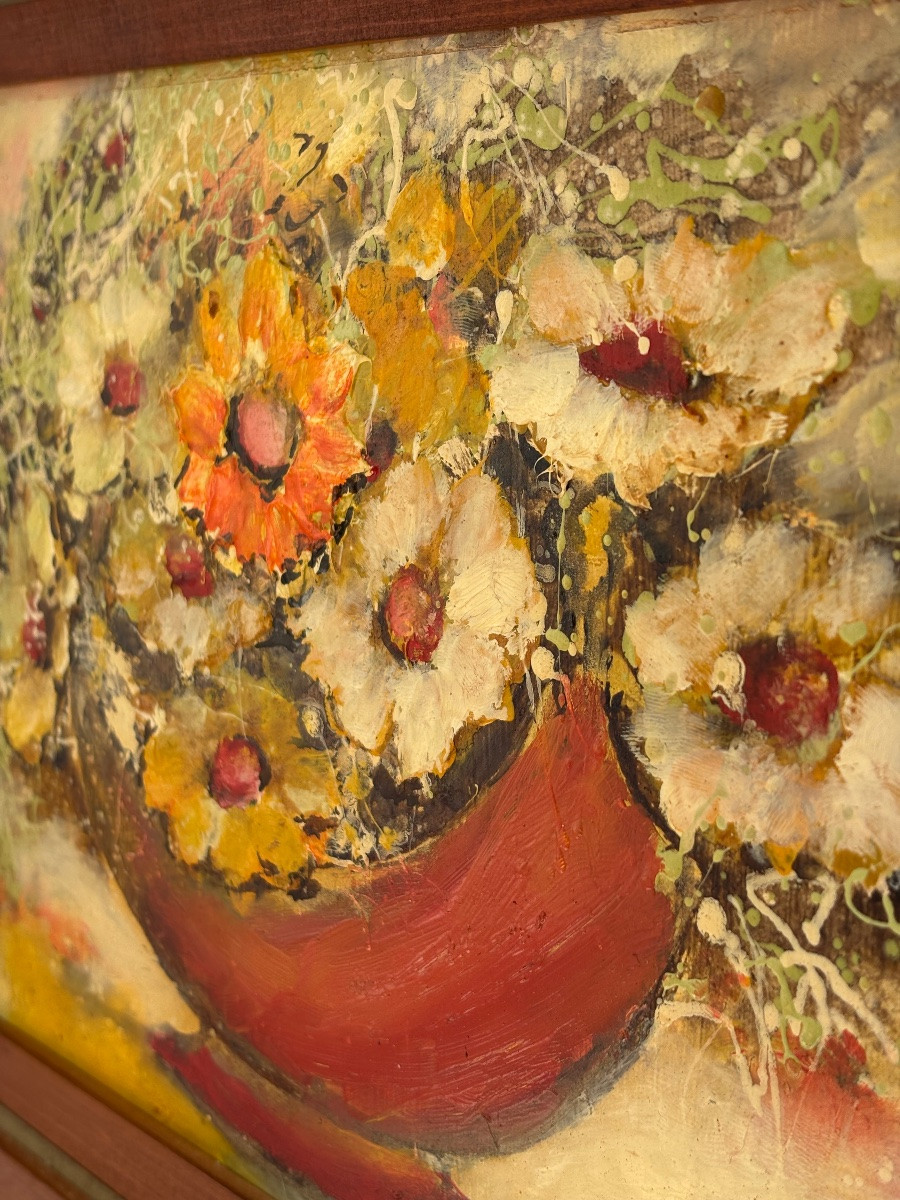 Tableau Huile sur panneau signée en cyrillique – Kyriako, 1989 – Nature morte florale-photo-4