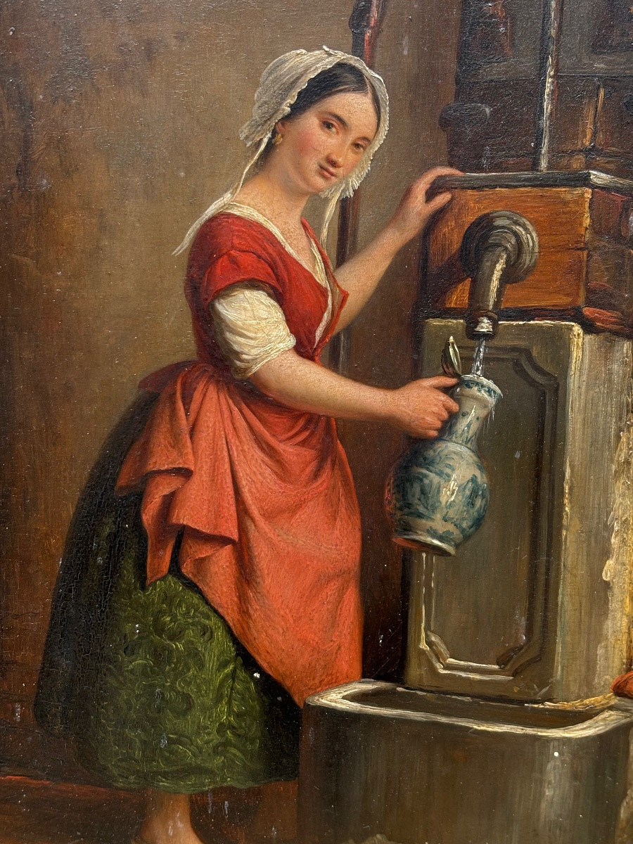 Henri Decoene (1792–1866) – Woman At The Pump – Oil On Panel – 19th Century -photo-3