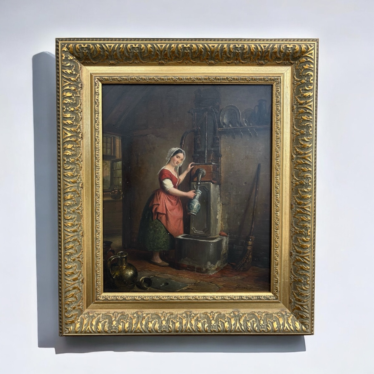 Henri Decoene (1792–1866) – Woman At The Pump – Oil On Panel – 19th Century -photo-5