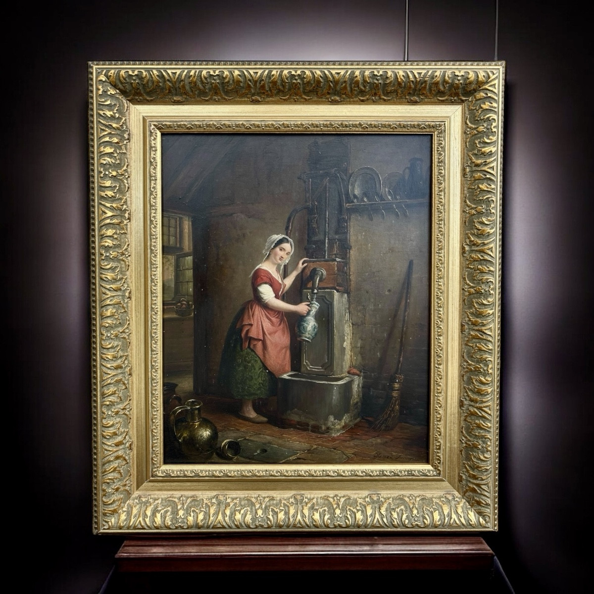Henri Decoene (1792–1866) – Woman At The Pump – Oil On Panel – 19th Century 