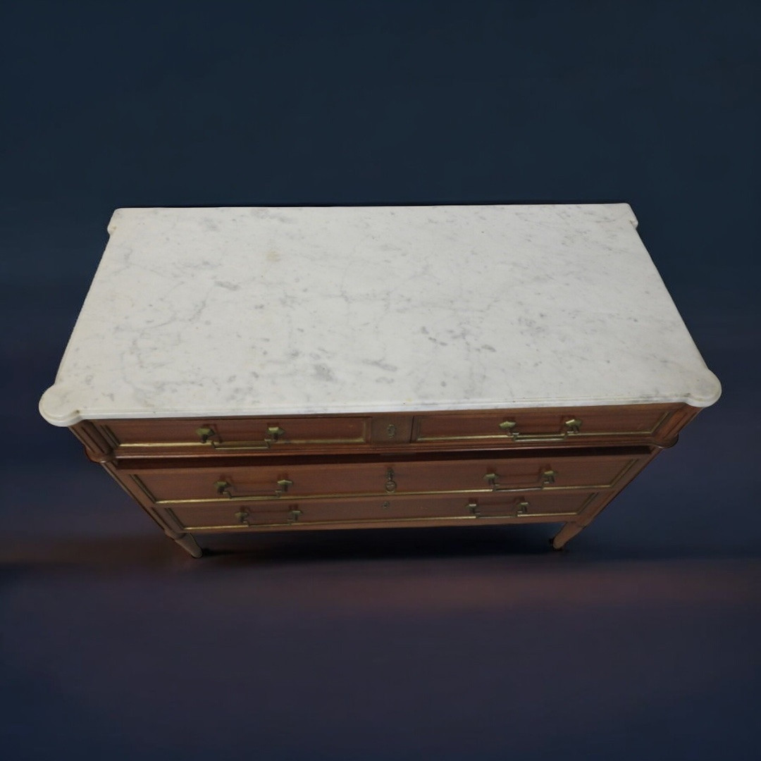 Louis XVI Style Chest Of Drawers In Mahogany, White Marble Top – Late 19th Century-photo-2