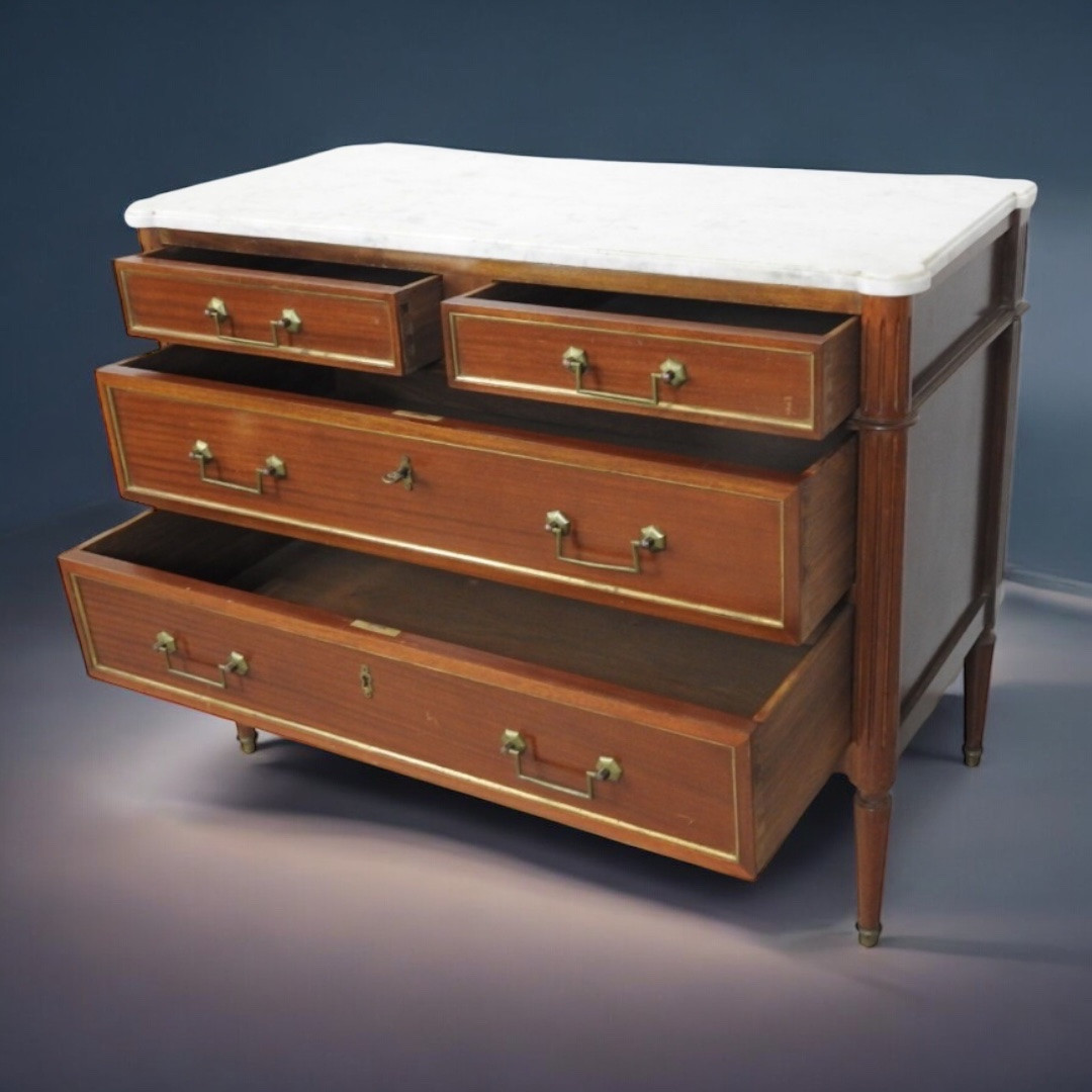Louis XVI Style Chest Of Drawers In Mahogany, White Marble Top – Late 19th Century-photo-3